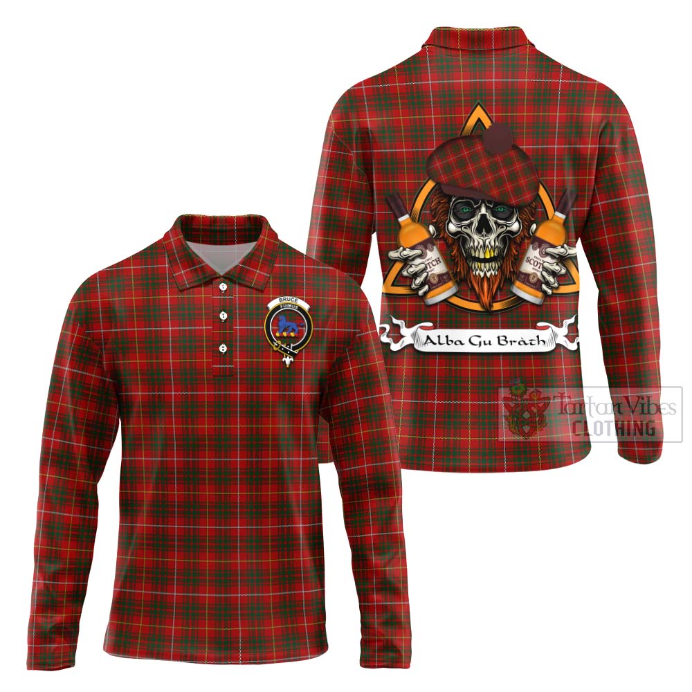 Tartan Vibes Clothing Bruce Tartan Long Sleeve Polo Shirt with Family Crest and Bearded Skull Holding Bottles of Whiskey