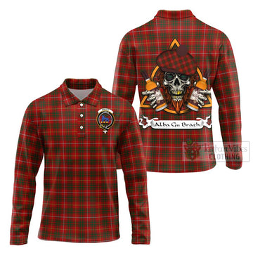 Bruce Tartan Long Sleeve Polo Shirt with Family Crest and Bearded Skull Holding Bottles of Whiskey