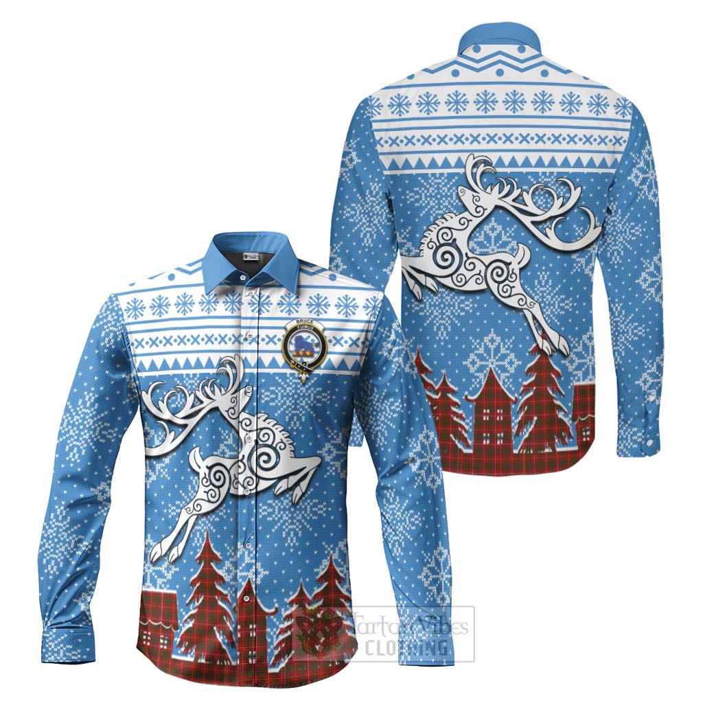 Tartan Vibes Clothing Bruce Clan Christmas Long Sleeve Button Shirt Celtic Reindeer Style