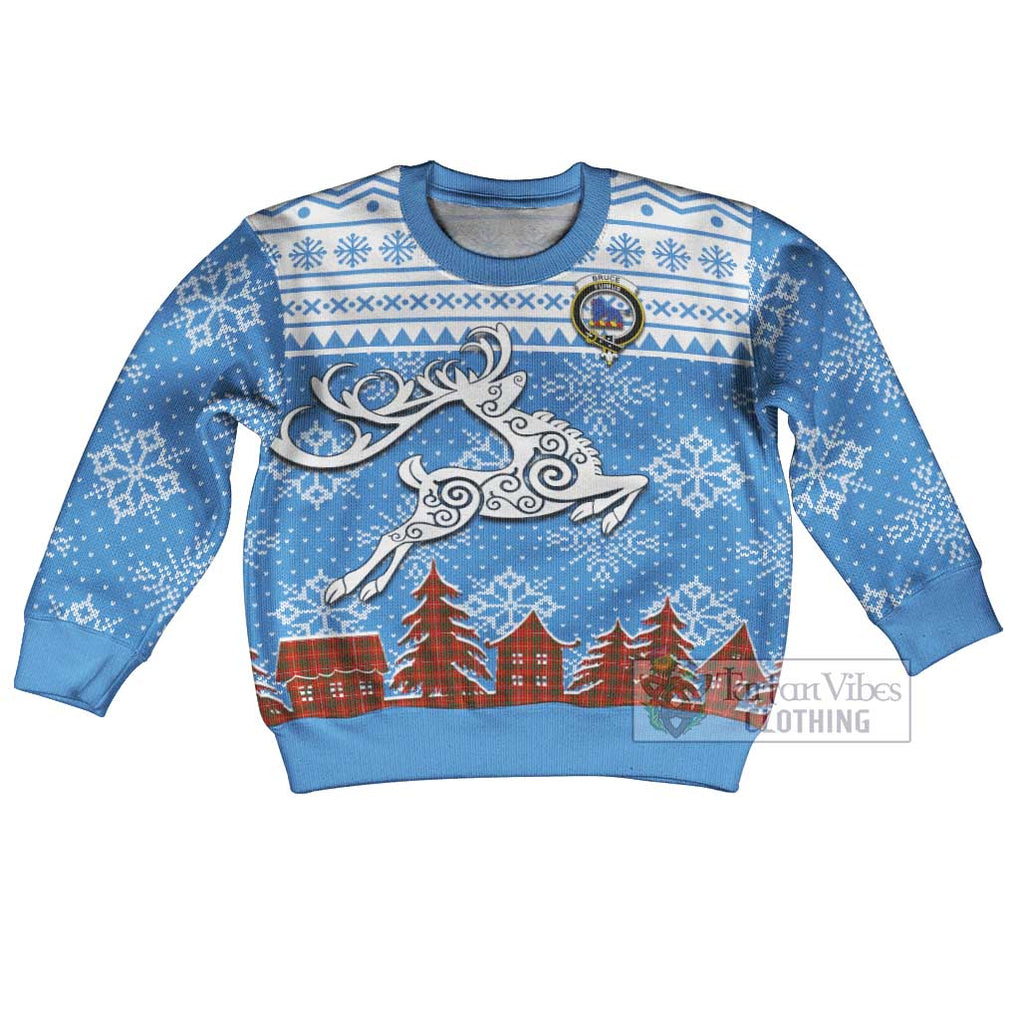 Tartan Vibes Clothing Bruce Clan Christmas Kid Ugly Sweater with Tartan and Celtic Raindeer Style