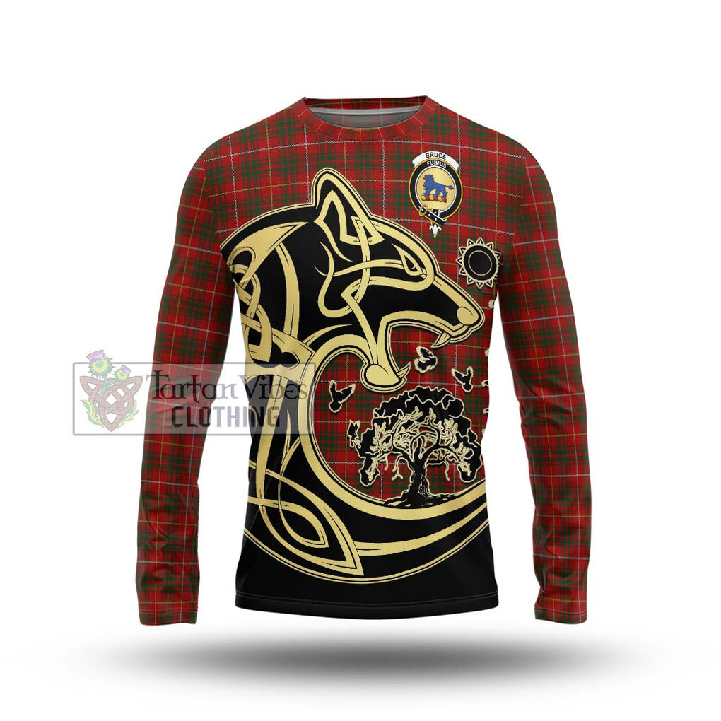 Bruce Tartan Long Sleeve T-Shirt with Family Crest Celtic Wolf Style Unisex - Tartan Vibes Clothing