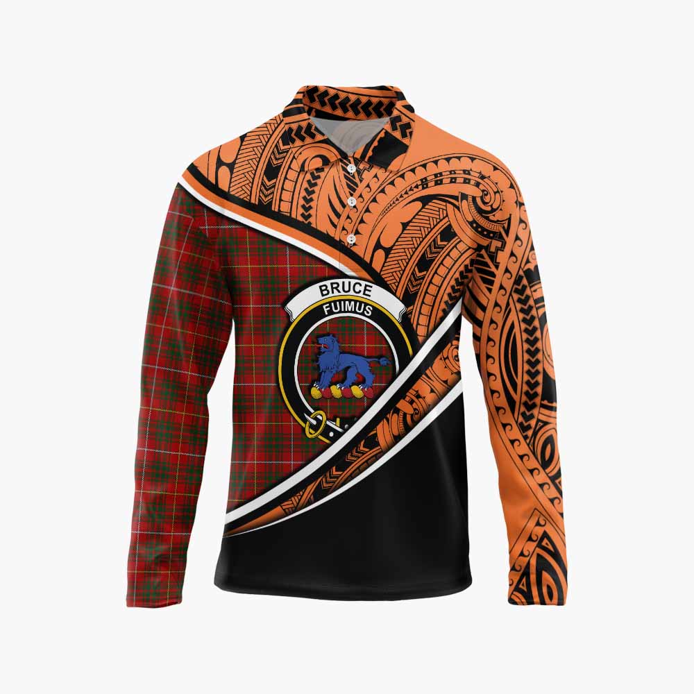 Tartan Vibes Clothing Bruce Crest Tartan Long Sleeve Polo Shirt with Maori Tattoo Style - Orange Version