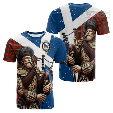 Bruce Tartan Cotton T-shirt with Family Crest Scottish Bagpiper Vibes