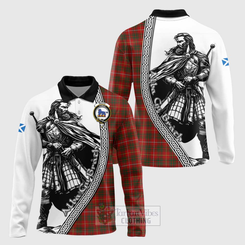 Tartan Vibes Clothing Bruce Tartan Clan Crest Long Sleeve Polo Shirt with Highlander Warrior Celtic Style