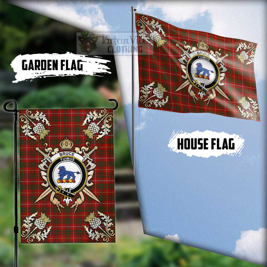 Tartan Vibes Clothing Bruce Tartan Flag with Family Crest and Golden Thistle Crossed Sword Design