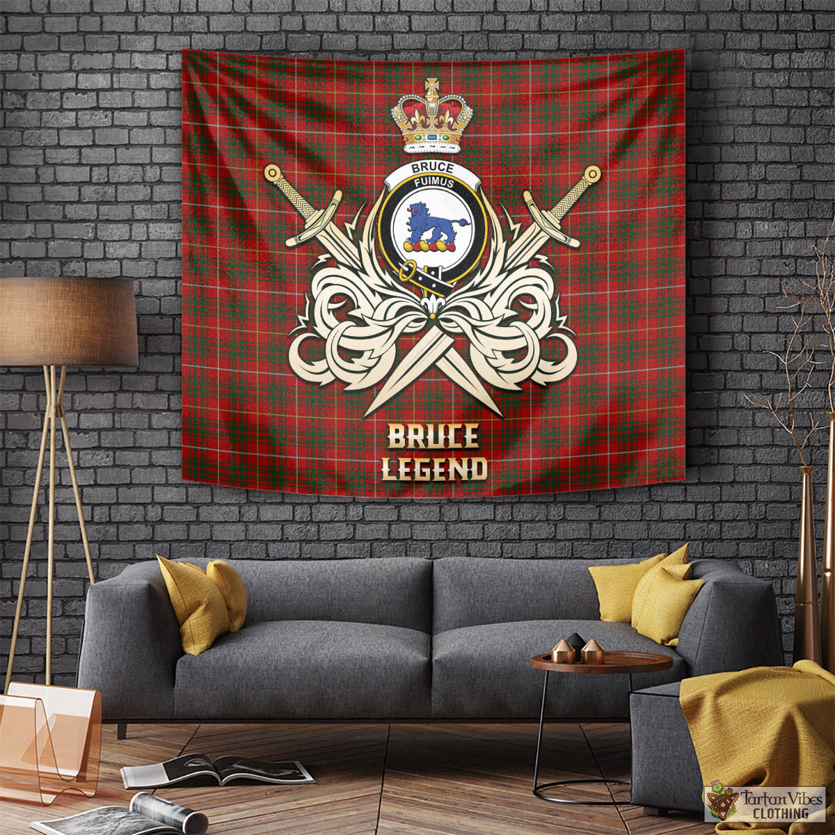 Tartan Vibes Clothing Bruce Tartan Tapestry with Clan Crest and the Golden Sword of Courageous Legacy