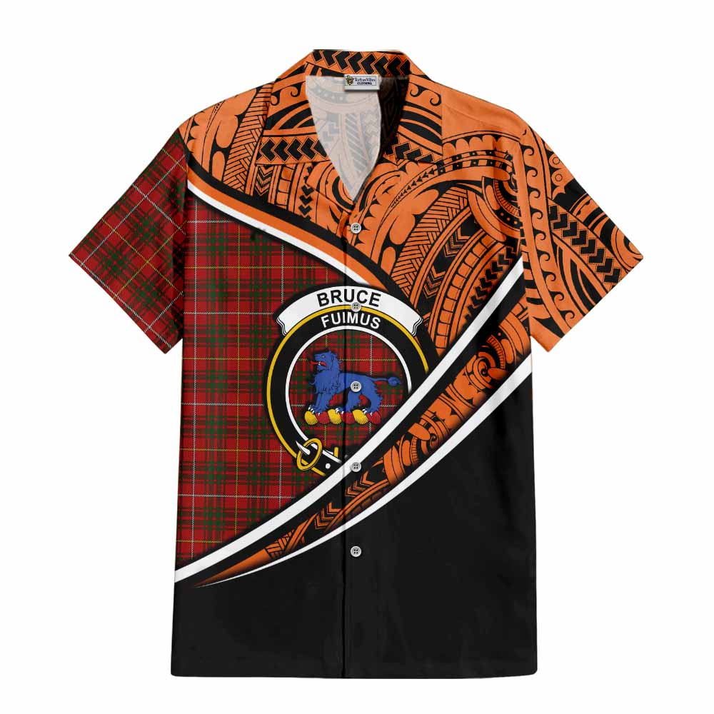 Tartan Vibes Clothing Bruce Crest Tartan Short Sleeve Button Shirt with Maori Tattoo Style - Orange Version