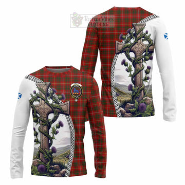 Bruce Tartan Long Sleeve T-Shirt with Family Crest and St. Andrew's Cross Accented by Thistle Vines