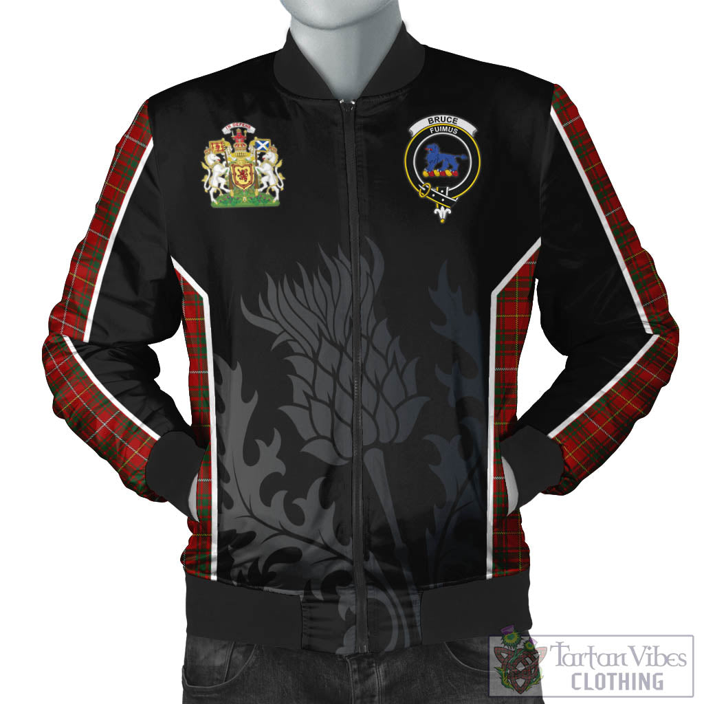 Tartan Vibes Clothing Bruce Tartan Bomber Jacket with Family Crest and Scottish Thistle Vibes Sport Style