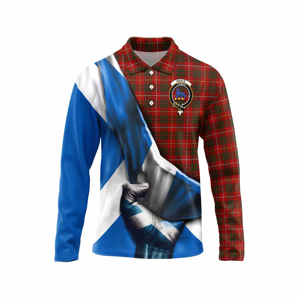 Tartan Vibes Clothing Bruce Tartan Long Sleeve Polo Shirt with Family Crest Scotland Patriotic Style