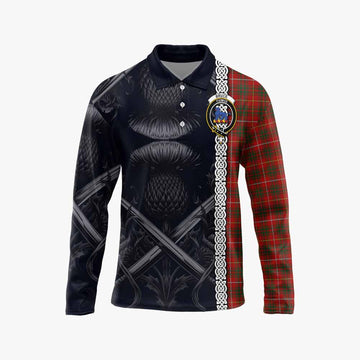 Bruce Tartan Long Sleeve Polo Shirt with Family Crest Cross Sword Thistle Celtic Vibes