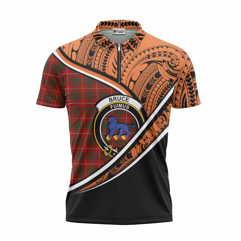 Tartan Vibes Clothing Bruce Crest Tartan Zipper Polo Shirt with Maori Tattoo Style - Orange Version