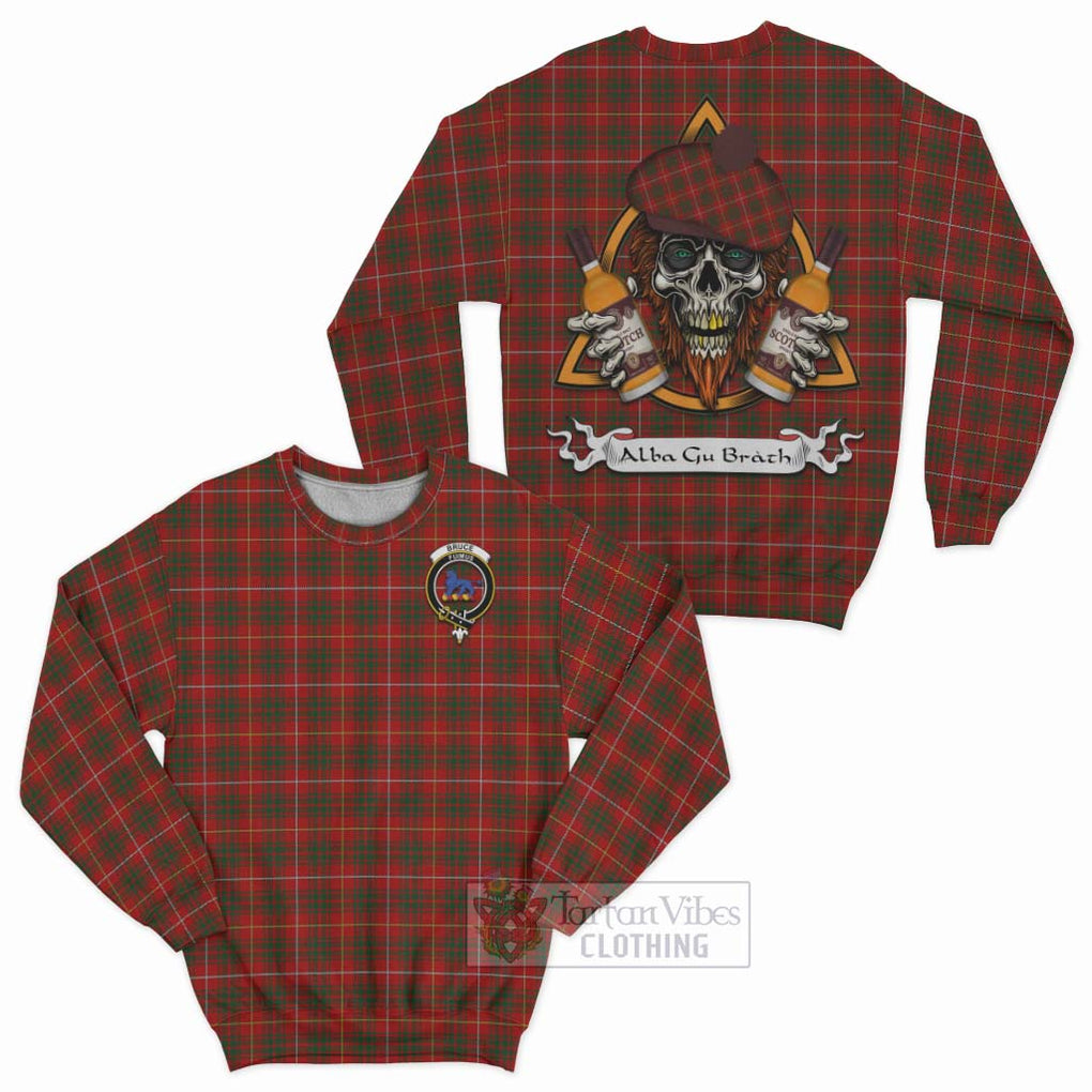 Tartan Vibes Clothing Bruce Tartan Sweatshirt with Family Crest and Bearded Skull Holding Bottles of Whiskey