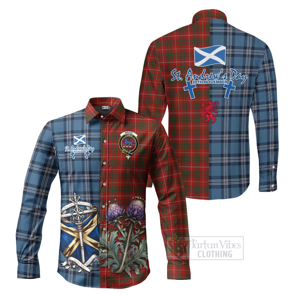 Tartan Vibes Clothing Bruce Tartan Long Sleeve Button Shirt Happy St. Andrew's Day Half Tartan Style