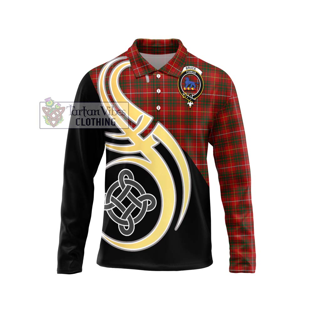 Bruce Tartan Long Sleeve Polo Shirt with Family Crest and Celtic Symbol Style Unisex - Tartan Vibes Clothing