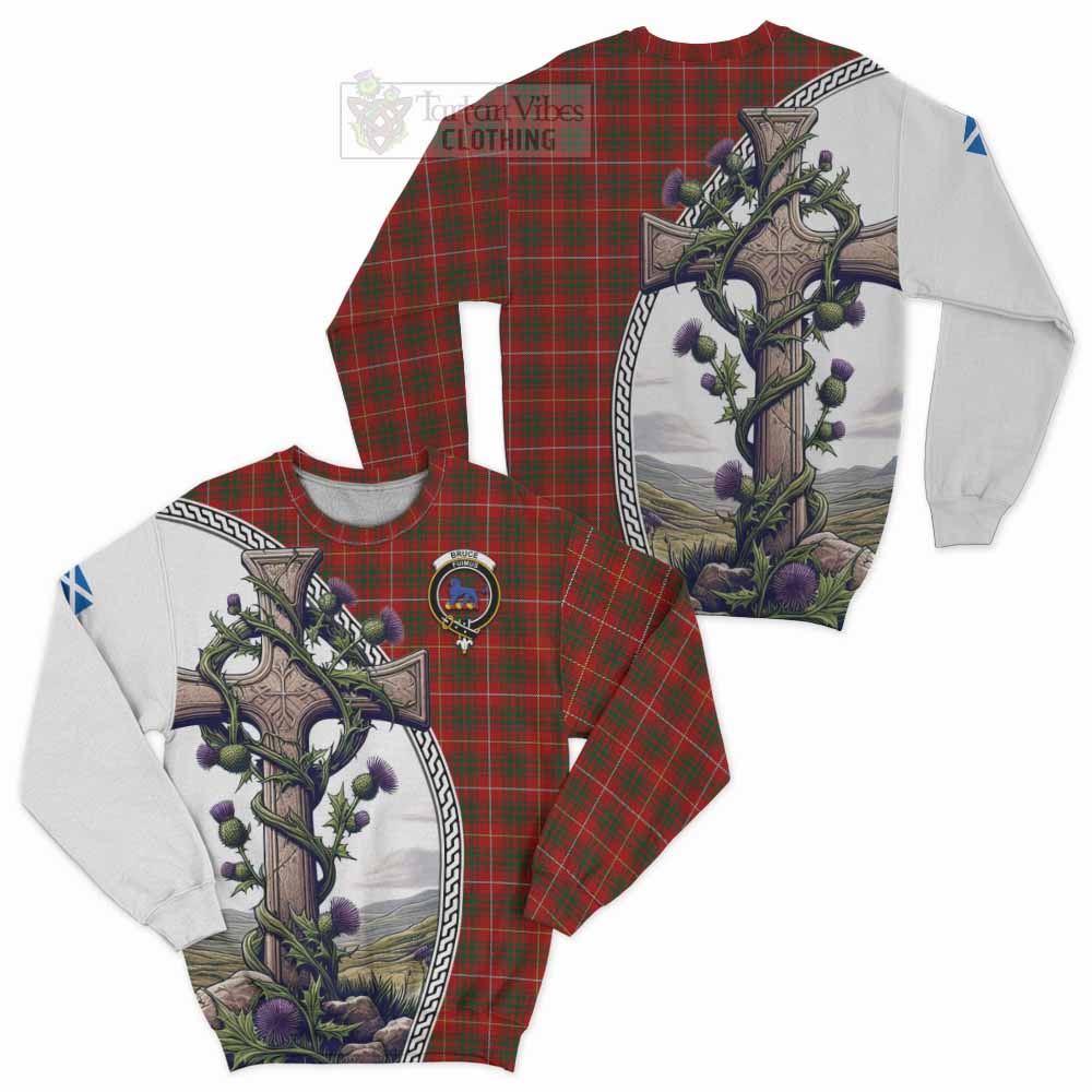 Tartan Vibes Clothing Bruce Tartan Sweatshirt with Family Crest and St. Andrew's Cross Accented by Thistle Vines