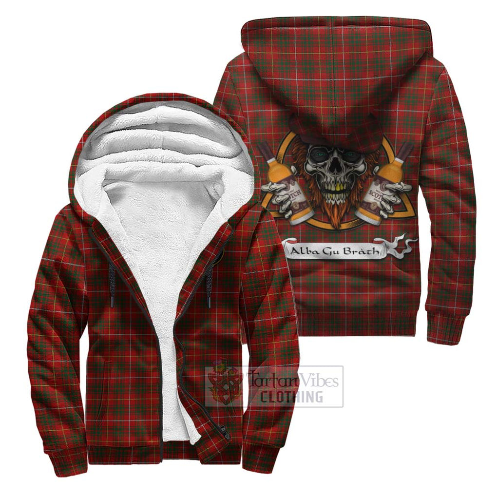 Tartan Vibes Clothing Bruce Tartan Sherpa Hoodie with Family Crest and Bearded Skull Holding Bottles of Whiskey