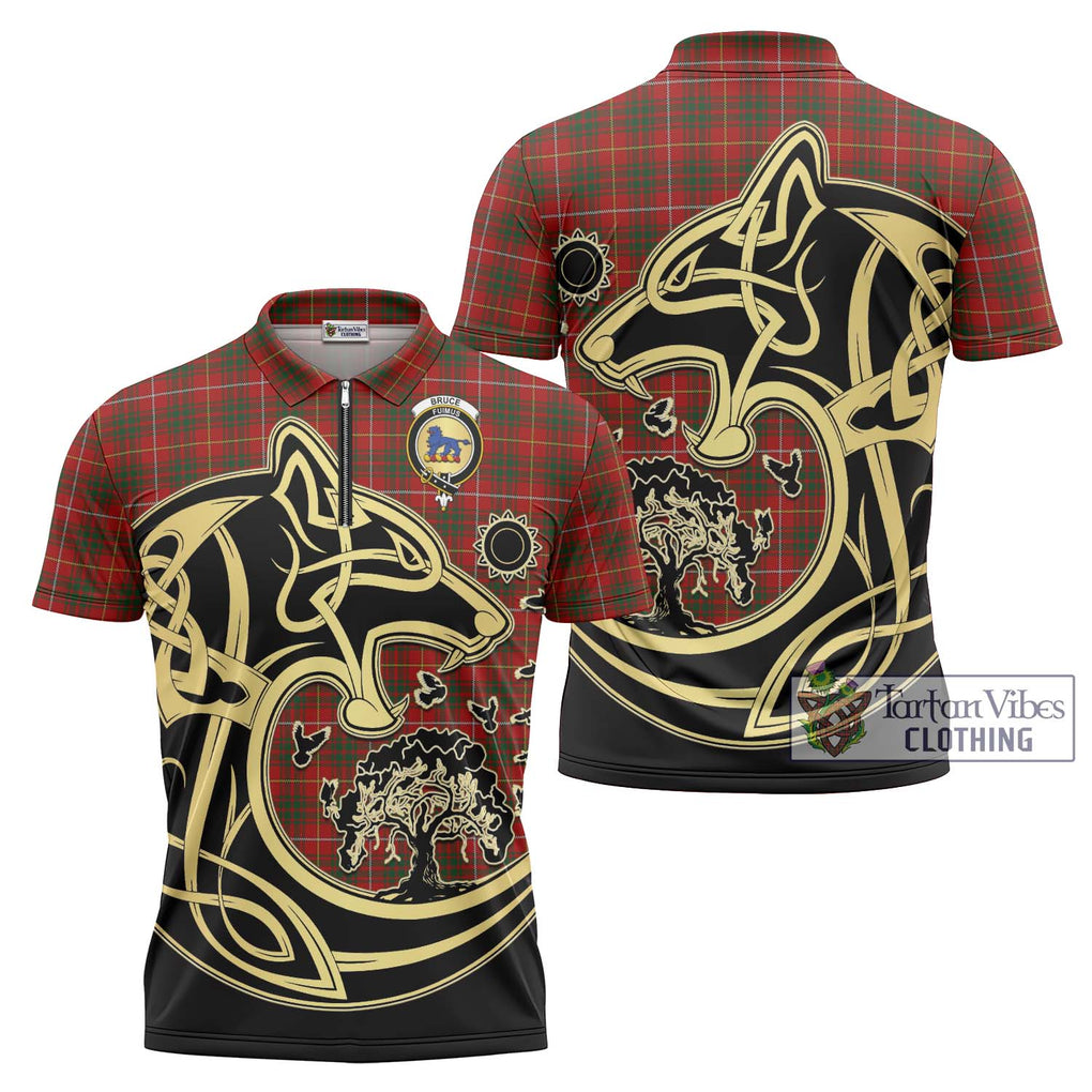 Bruce Tartan Zipper Polo Shirt with Family Crest Celtic Wolf Style Unisex - Tartanvibesclothing Shop