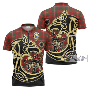 Bruce Tartan Zipper Polo Shirt with Family Crest Celtic Wolf Style