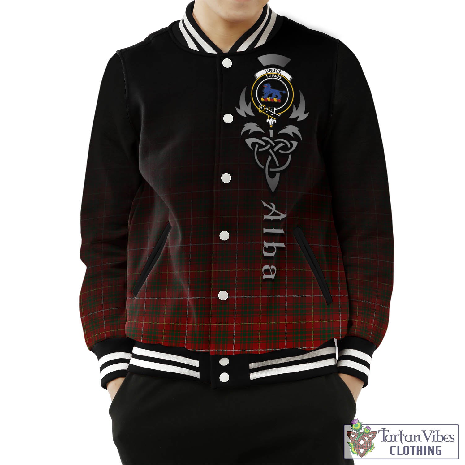 Tartan Vibes Clothing Bruce Tartan Baseball Jacket Featuring Alba Gu Brath Family Crest Celtic Inspired