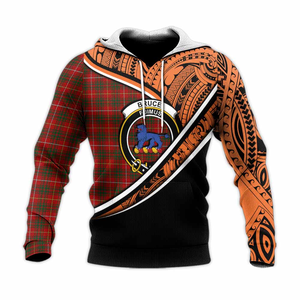 Tartan Vibes Clothing Bruce Crest Tartan Knitted Hoodie with Maori Tattoo Style - Orange Version