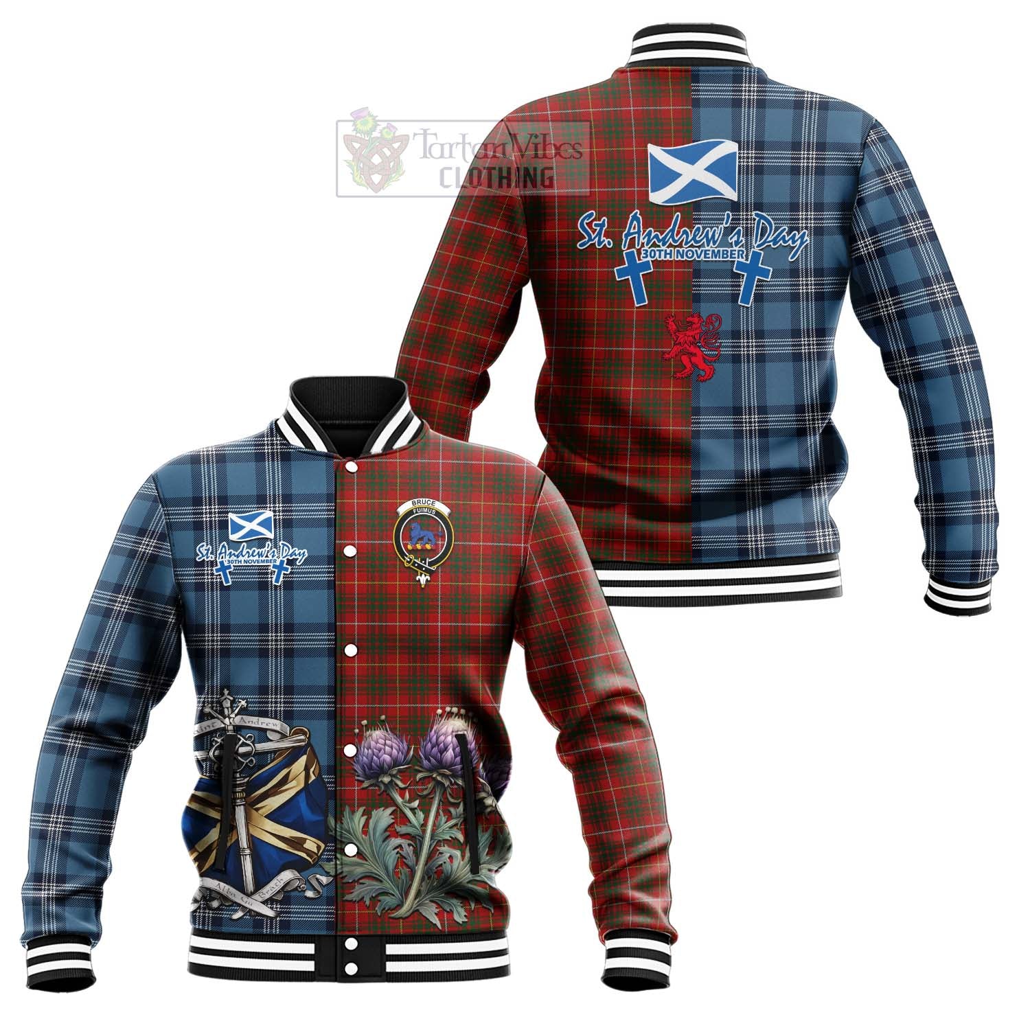 Tartan Vibes Clothing Bruce Tartan Baseball Jacket Happy St. Andrew's Day Half Tartan Style