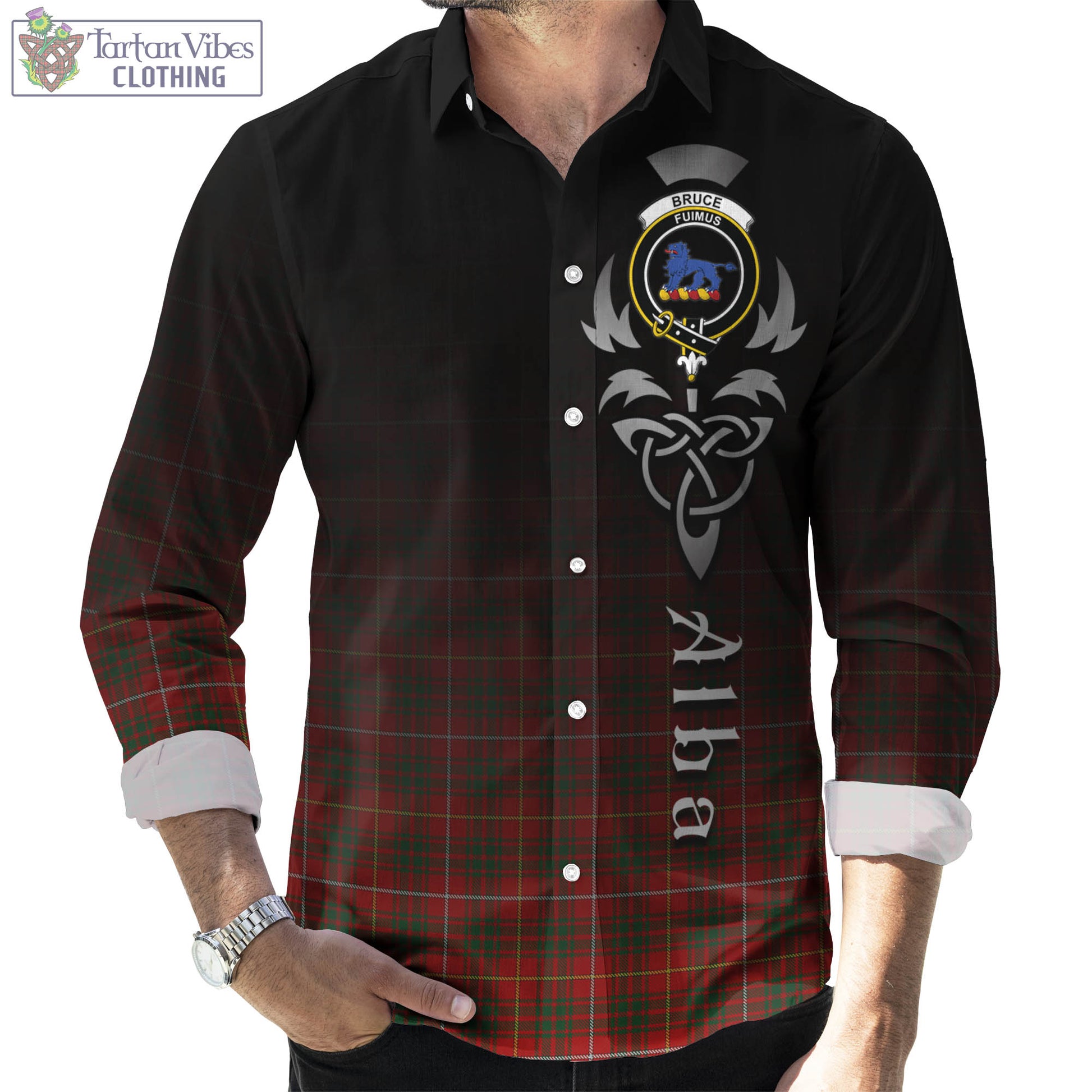 Tartan Vibes Clothing Bruce Tartan Long Sleeve Button Up Featuring Alba Gu Brath Family Crest Celtic Inspired