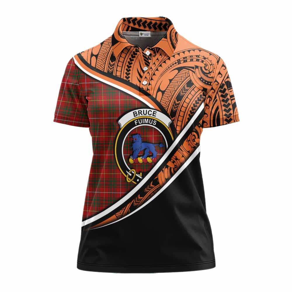 Tartan Vibes Clothing Bruce Crest Tartan Women's Polo Shirt with Maori Tattoo Style - Orange Version