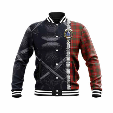 Bruce Tartan Baseball Jacket with Family Crest Cross Sword Thistle Celtic Vibes