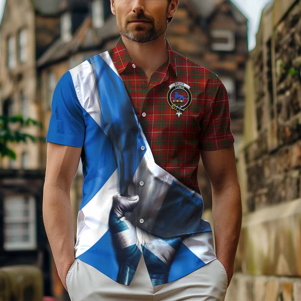 Tartan Vibes Clothing Bruce Tartan Short Sleeve Button Shirt with Family Crest Scotland Patriotic Style