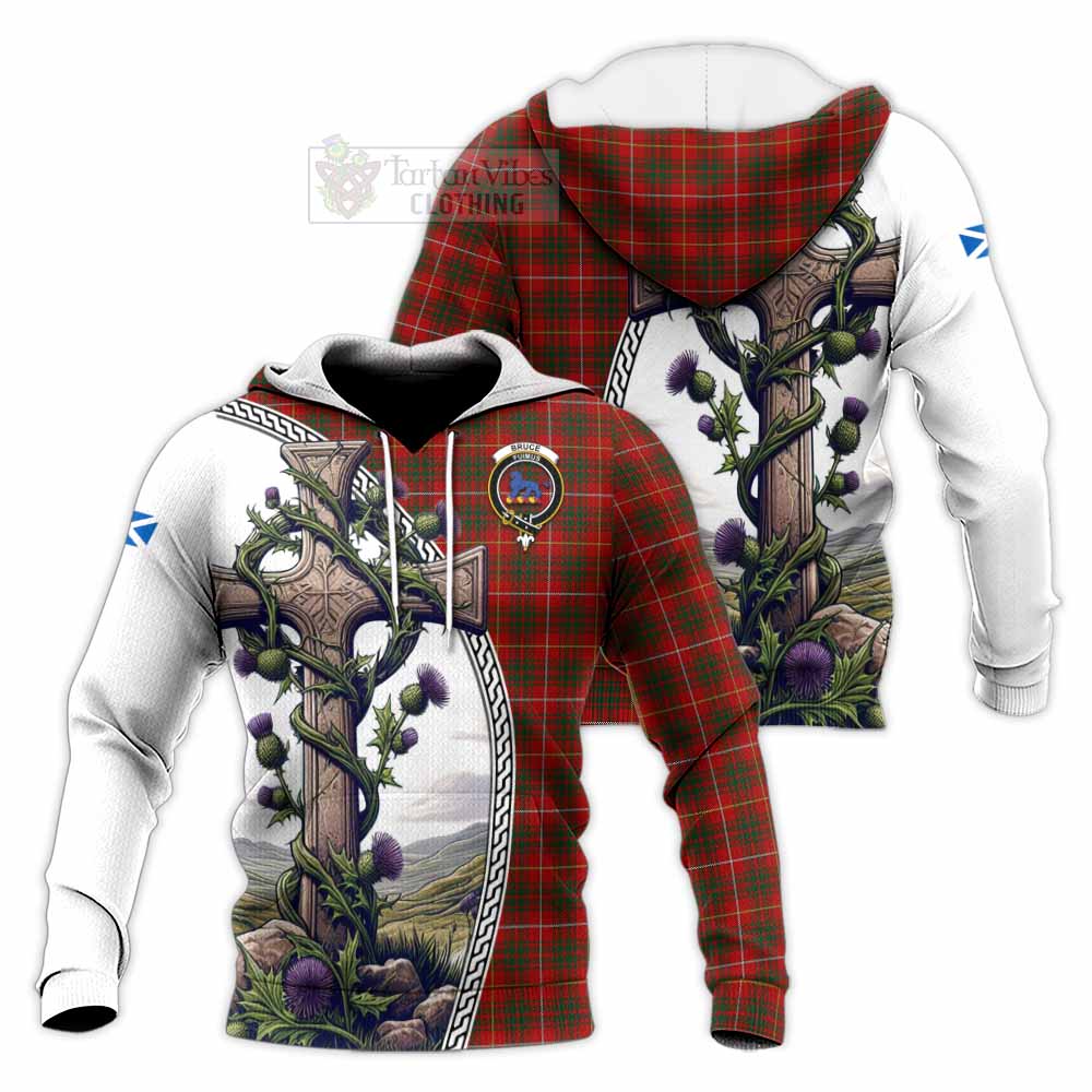 Tartan Vibes Clothing Bruce Tartan Knitted Hoodie with Family Crest and St. Andrew's Cross Accented by Thistle Vines