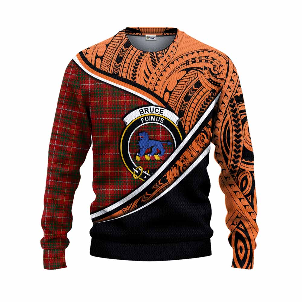 Tartan Vibes Clothing Bruce Crest Tartan Knitted Sweater with Maori Tattoo Style - Orange Version