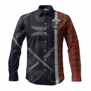 Bruce Tartan Long Sleeve Button Shirt with Family Crest Cross Sword Thistle Celtic Vibes