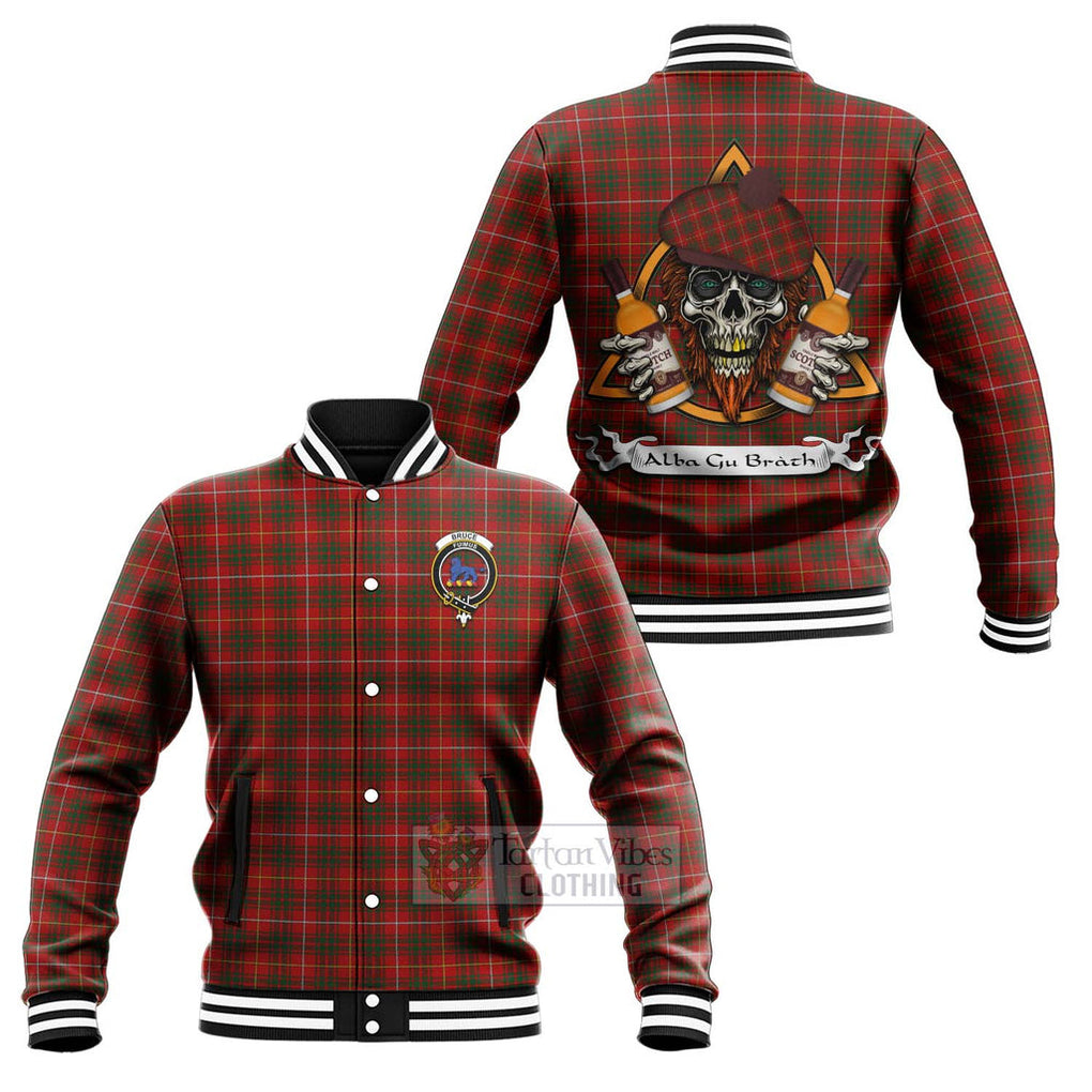 Tartan Vibes Clothing Bruce Tartan Baseball Jacket with Family Crest and Bearded Skull Holding Bottles of Whiskey