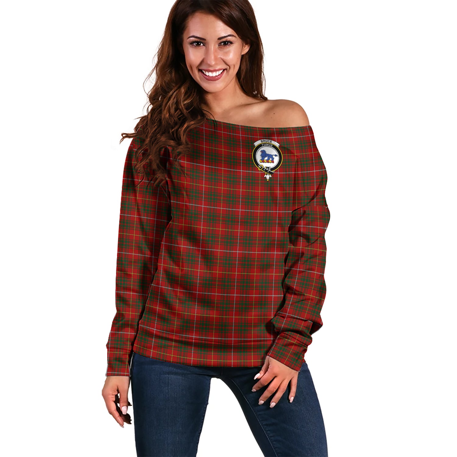 Bruce Tartan Off Shoulder Women Sweater with Family Crest Women - Tartanvibesclothing