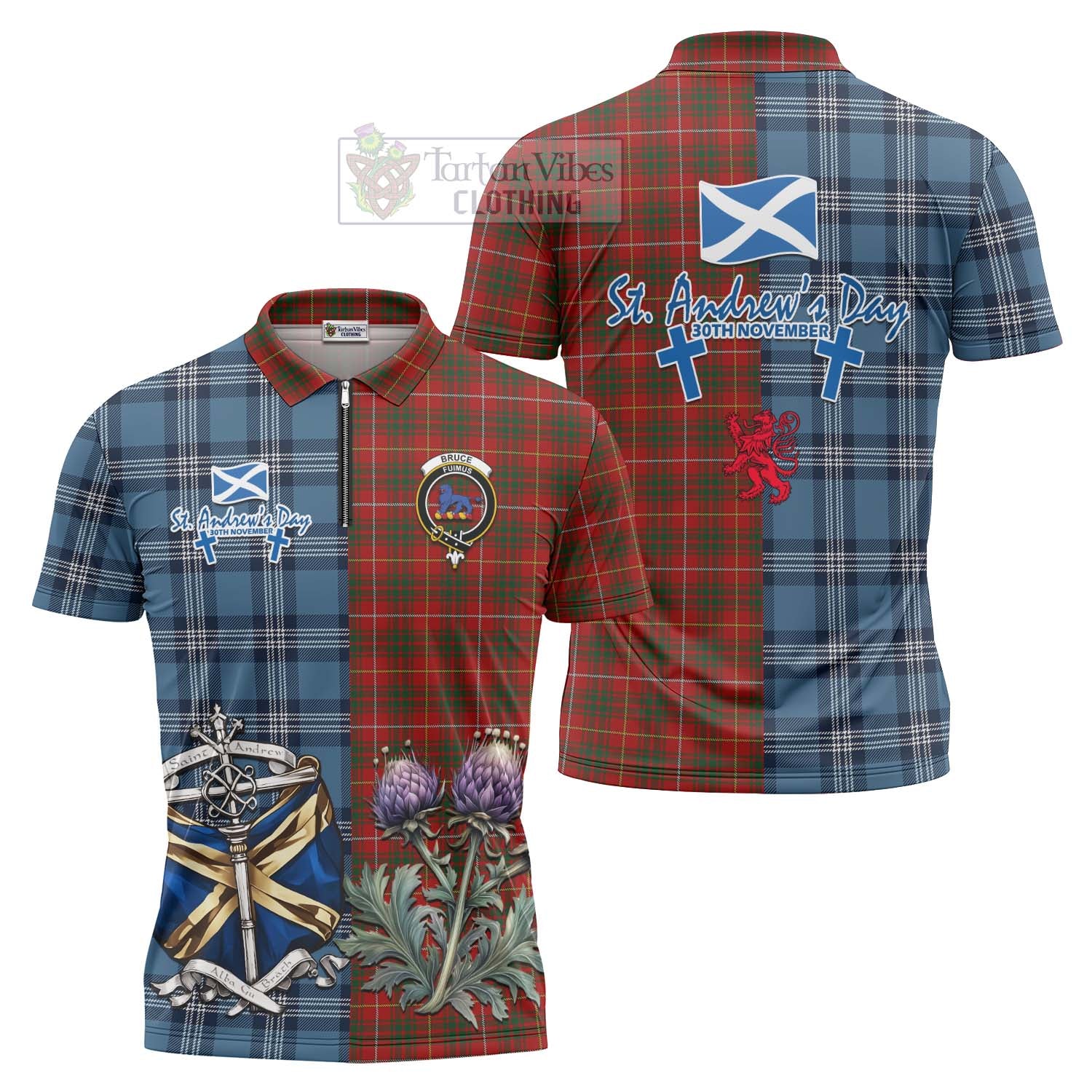 Tartan Vibes Clothing Bruce Tartan Zipper Polo Shirt Happy St. Andrew's Day Half Tartan Style