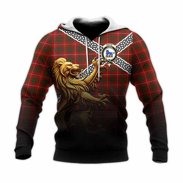 Bruce Crest Tartan Knitted Hoodie with Golden Lion Emblem Celtic Style Unisex Knitted Pullover Hoodie - Tartan Vibes Clothing