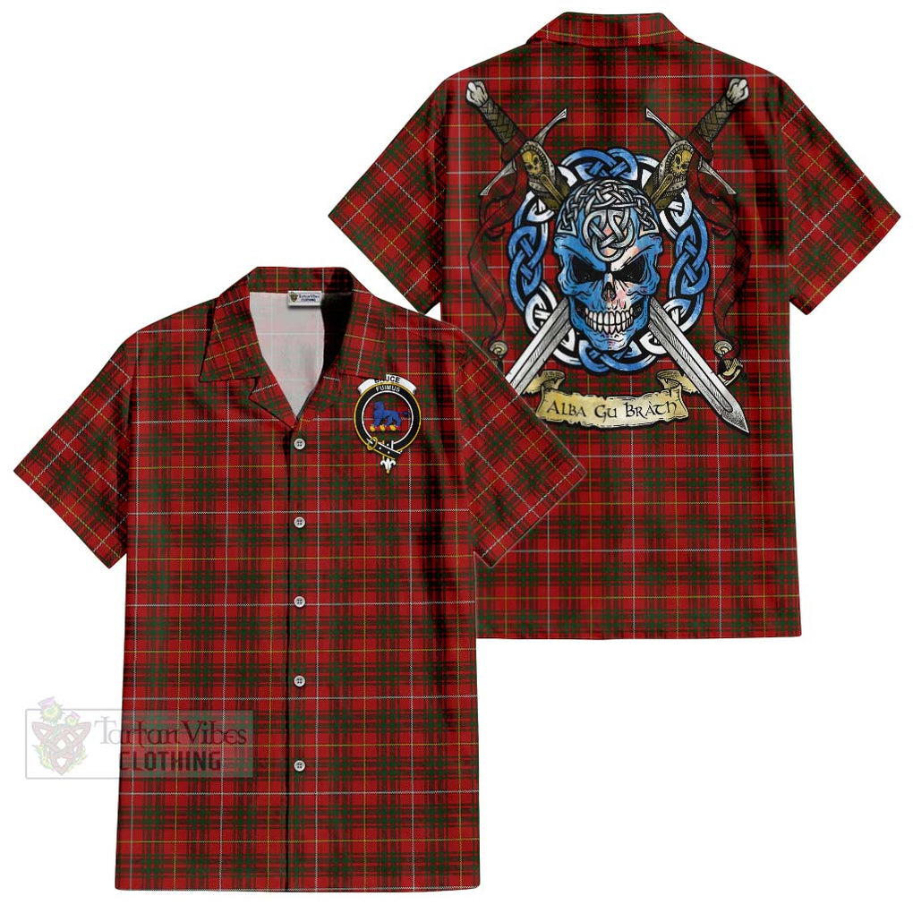 Tartan Vibes Clothing Bruce Tartan Short Sleeve Button Shirt with Family Crest Celtic Skull Style