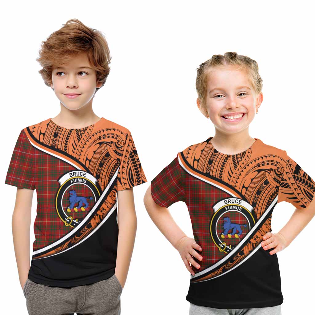 Tartan Vibes Clothing Bruce Crest Tartan Kid T-Shirt with Maori Tattoo Style - Orange Version