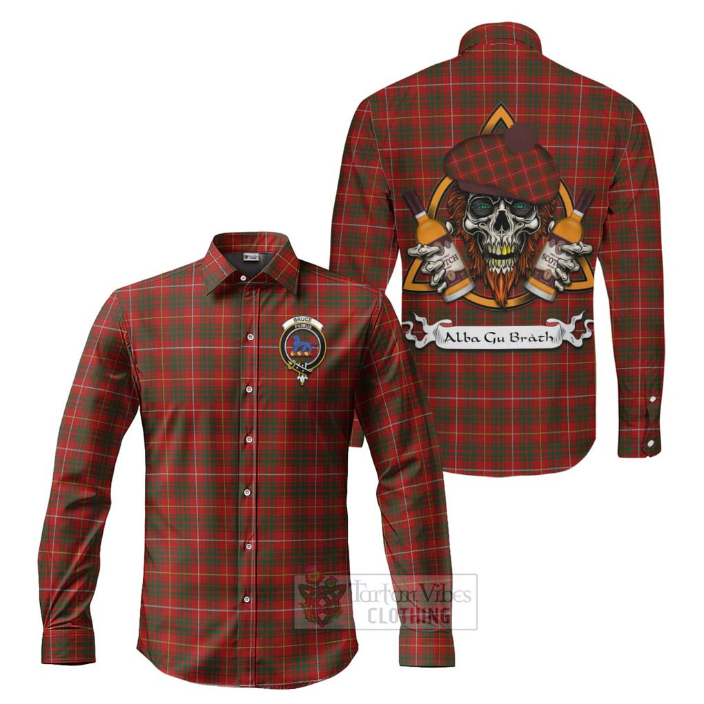 Tartan Vibes Clothing Bruce Tartan Long Sleeve Button Shirt with Family Crest and Bearded Skull Holding Bottles of Whiskey