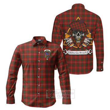 Bruce Tartan Long Sleeve Button Shirt with Family Crest and Bearded Skull Holding Bottles of Whiskey