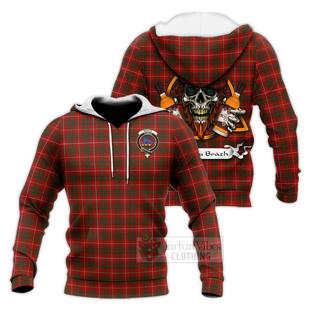 Tartan Vibes Clothing Bruce Tartan Knitted Hoodie with Family Crest and Bearded Skull Holding Bottles of Whiskey