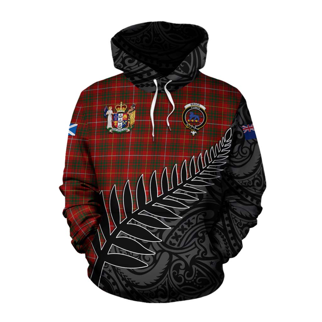 Tartan Vibes Clothing Bruce Crest Tartan Cotton Hoodie with New Zealand Silver Fern Half Style