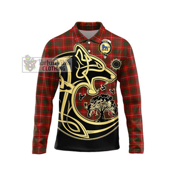 Bruce Tartan Long Sleeve Polo Shirt with Family Crest Celtic Wolf Style