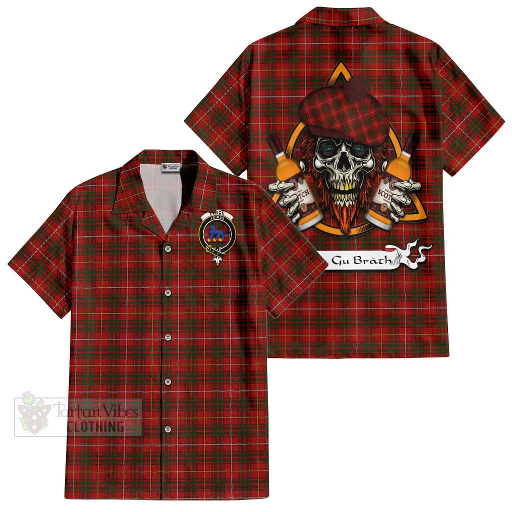 Tartan Vibes Clothing Bruce Tartan Short Sleeve Button Shirt with Family Crest and Bearded Skull Holding Bottles of Whiskey