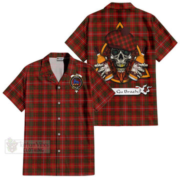 Bruce Tartan Short Sleeve Button Shirt with Family Crest and Bearded Skull Holding Bottles of Whiskey