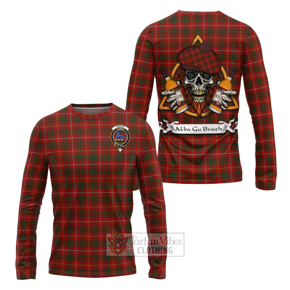 Tartan Vibes Clothing Bruce Tartan Long Sleeve T-Shirt with Family Crest and Bearded Skull Holding Bottles of Whiskey