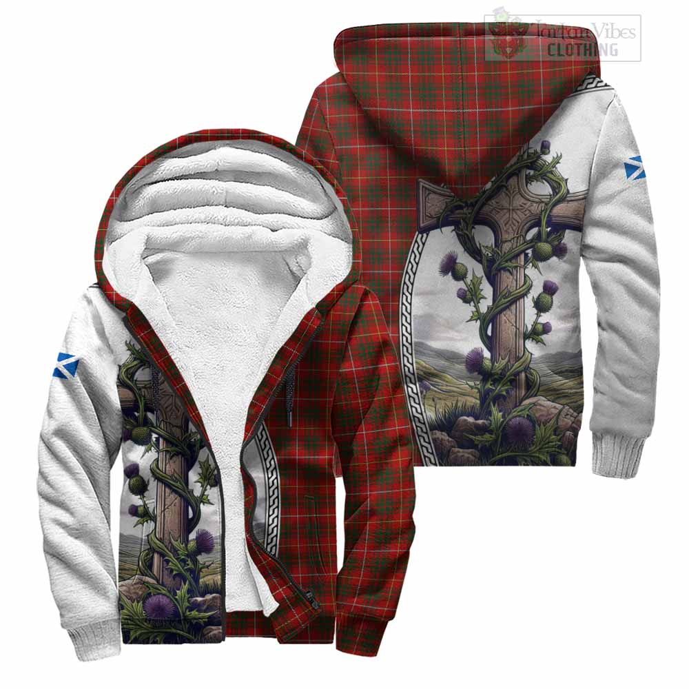 Tartan Vibes Clothing Bruce Tartan Sherpa Hoodie with Family Crest and St. Andrew's Cross Accented by Thistle Vines