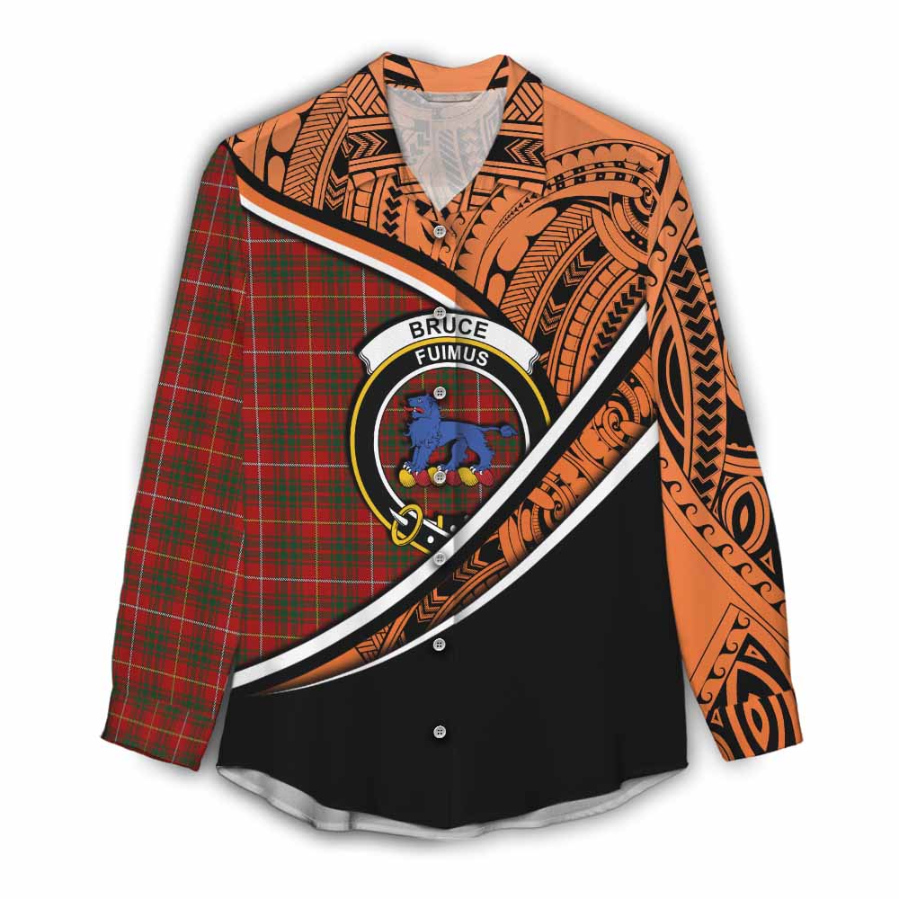 Tartan Vibes Clothing Bruce Crest Tartan Women's Casual Shirt with Maori Tattoo Style - Orange Version