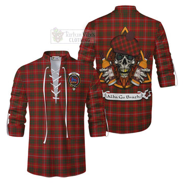 Bruce Tartan Ghillie Kilt Shirt with Family Crest and Bearded Skull Holding Bottles of Whiskey